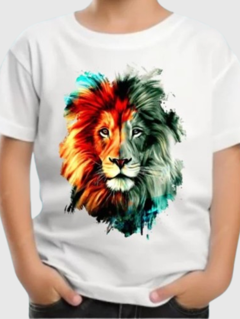 Camiseta Infantil Estampada Leão Colorido 100% Algodão