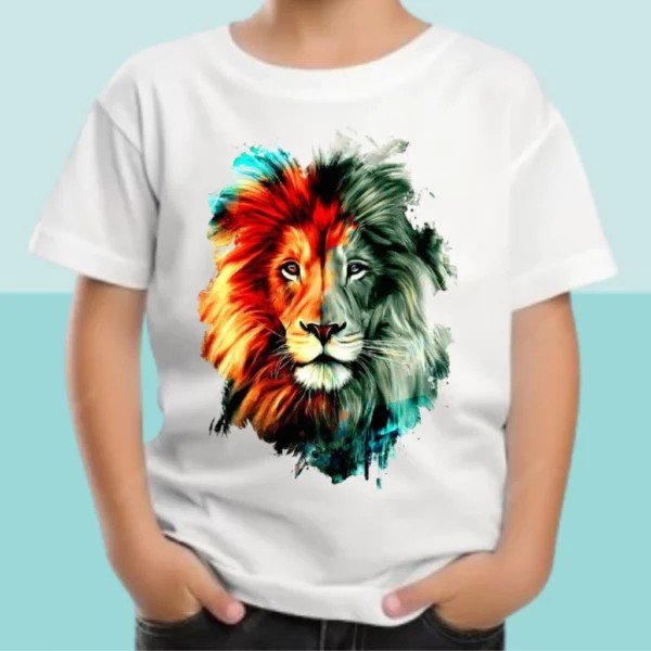 Camiseta Infantil Estampada Leão Colorido 100% Algodão - Imagem 3