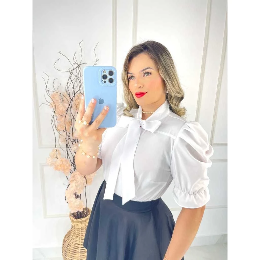Blusa Feminina Emily Gola Laço Manga Curta Princesa Moda Evangélica