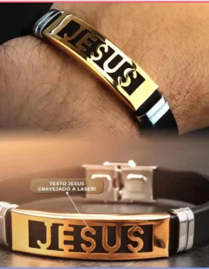Pulseira Masculina Dourada Jesus | Aço Inox + Silicone