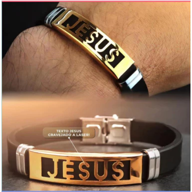 Pulseira masculina Dourada Jesus em aço Borracha Resistente PMPN3