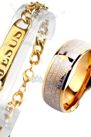 Kit de Fé e Devoção - Pulseira Placa Jesus e Anel Pai Nosso Dourado