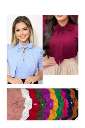 Blusa Feminina Social Manga Curta Bufante com laçinho Moda evangélica -0259