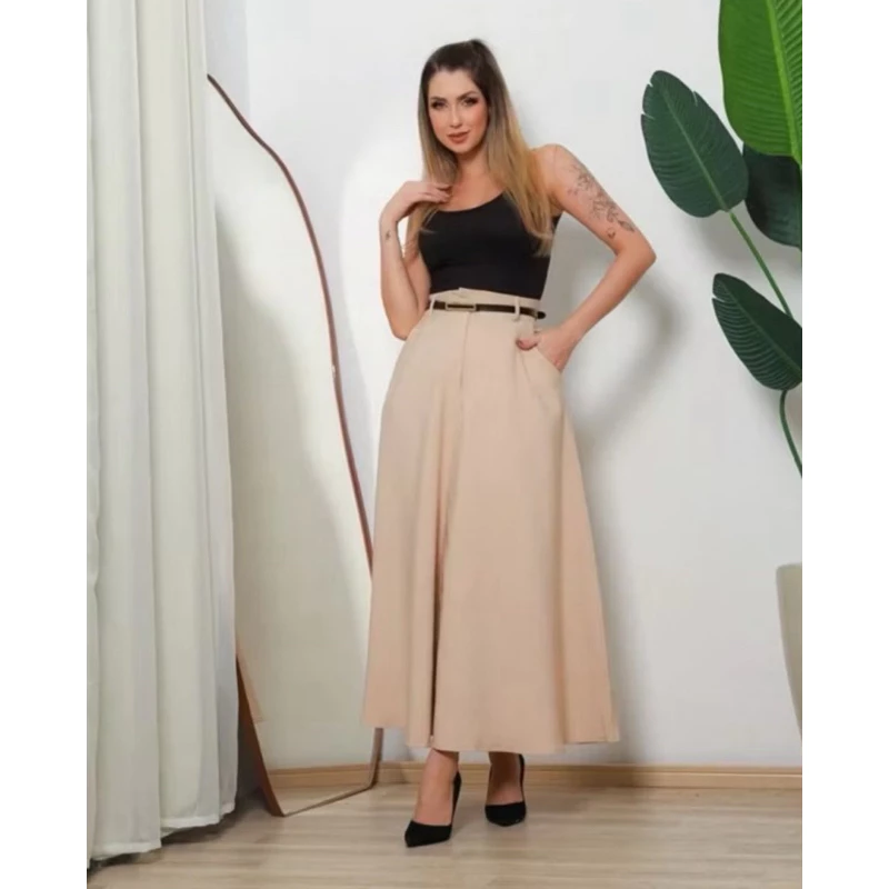SAIA RODADA LONGA FEMININA ALFAIATARIA MODA EVANGÉLICA CASUAL BÁSICA INVERNO CINTURA ALTA ELEGANTE TENDÊNCIA - Imagem 15