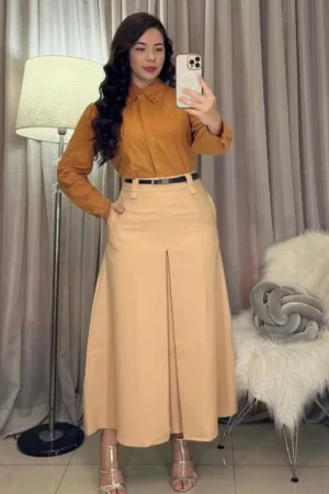 Saia Longa Alfaiataria Fit e Flare Feminina Moda Evangélica Cintura Alta Fenda Fechada