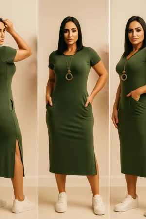 vestido mais vendidos midi casual moda feminina festa de bolso e fenda lateral modelo