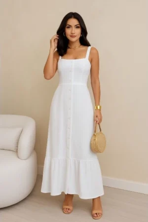 Vestido Longo Elegante Feminino com Botões Frontais e Forro – Tecido Duna