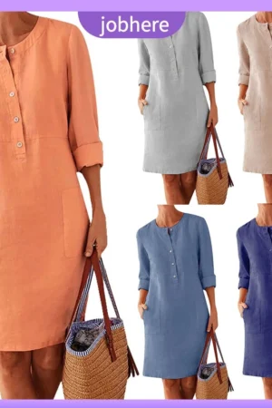 Vestido túnica kaftan feminino plus size casual cor sólida algodão linho manga comprida