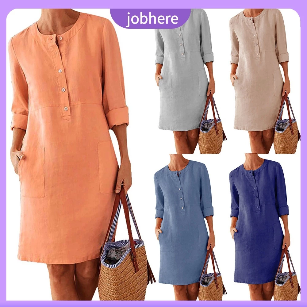 Vestido túnica kaftan feminino plus size casual cor sólida algodão linho manga comprida