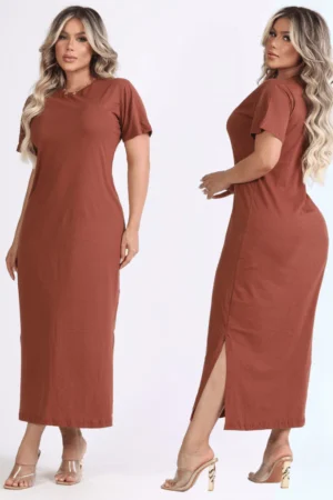 Vestido Feminino Longo Manga Curta 100% Algodão Gola Ribana Boho Chick Moda Casual Outono Inverno