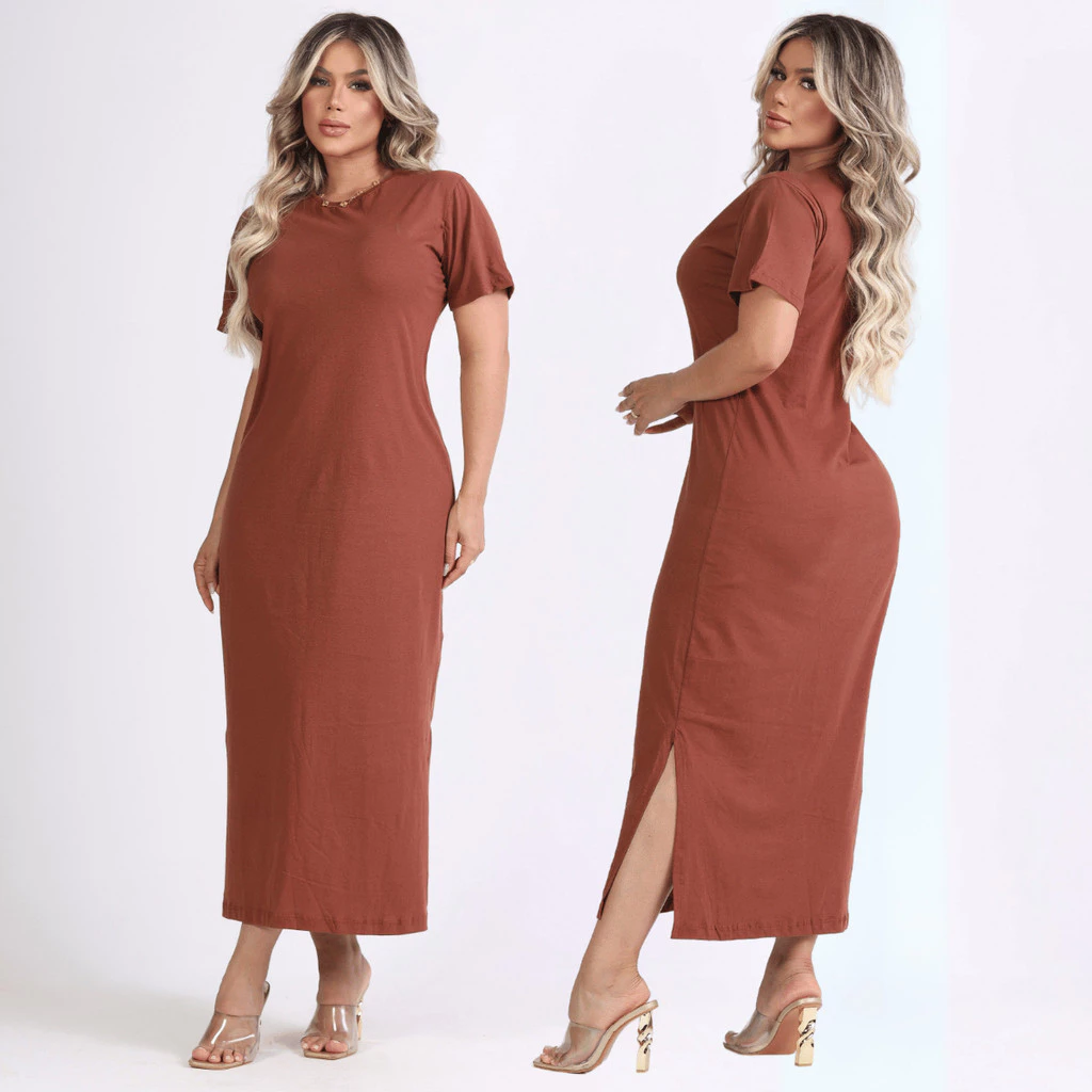 Vestido Feminino Longo Manga Curta 100% Algodão Gola Ribana Boho Chick Moda Casual Outono Inverno