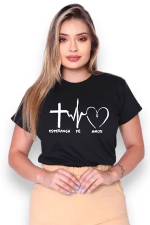 T-Shirt Feminina de Algodão Preta Esperança Fé Amor | Estilo Casual e Conforto