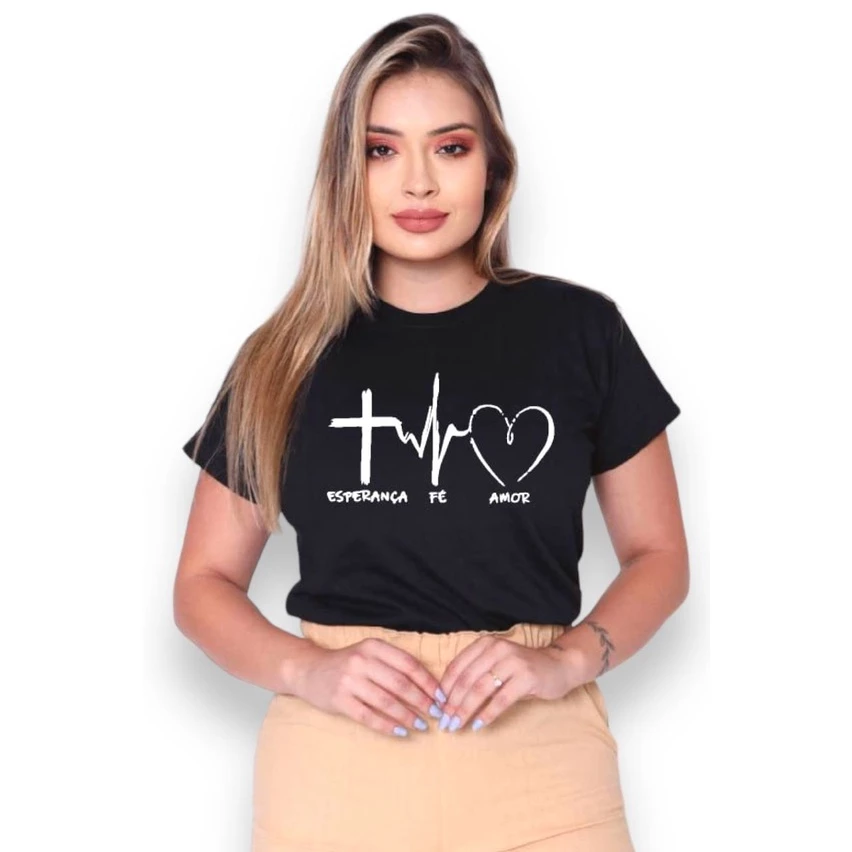 T-Shirt Feminina de Algodão Preta Esperança Fé Amor | Estilo Casual e Conforto