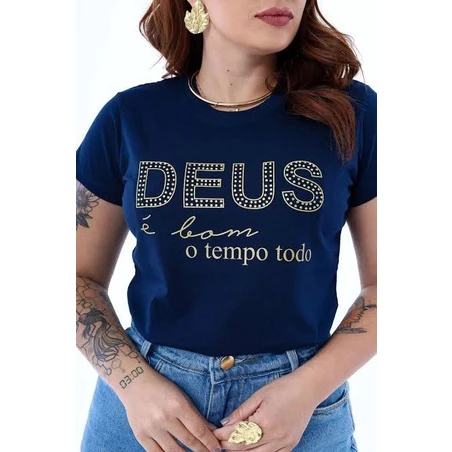 T-Shirt Feminina Azul Marinho de Algodão Deus é Bom o Tempo Todo | Conforto e Estilo Casual