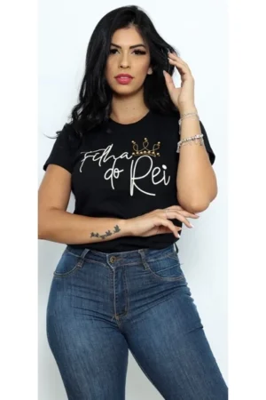 T-Shirt Feminina de Algodão Preta Filha do Rei com Pérola | Conforto e Estilo Casual