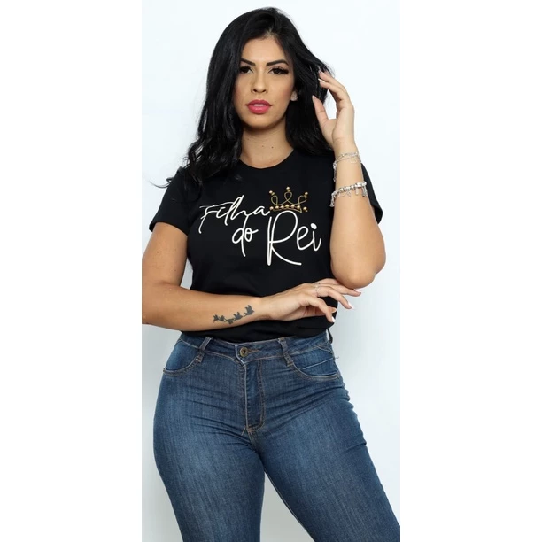 T-Shirt Feminina de Algodão Preta Filha do Rei com Pérola | Conforto e Estilo Casual
