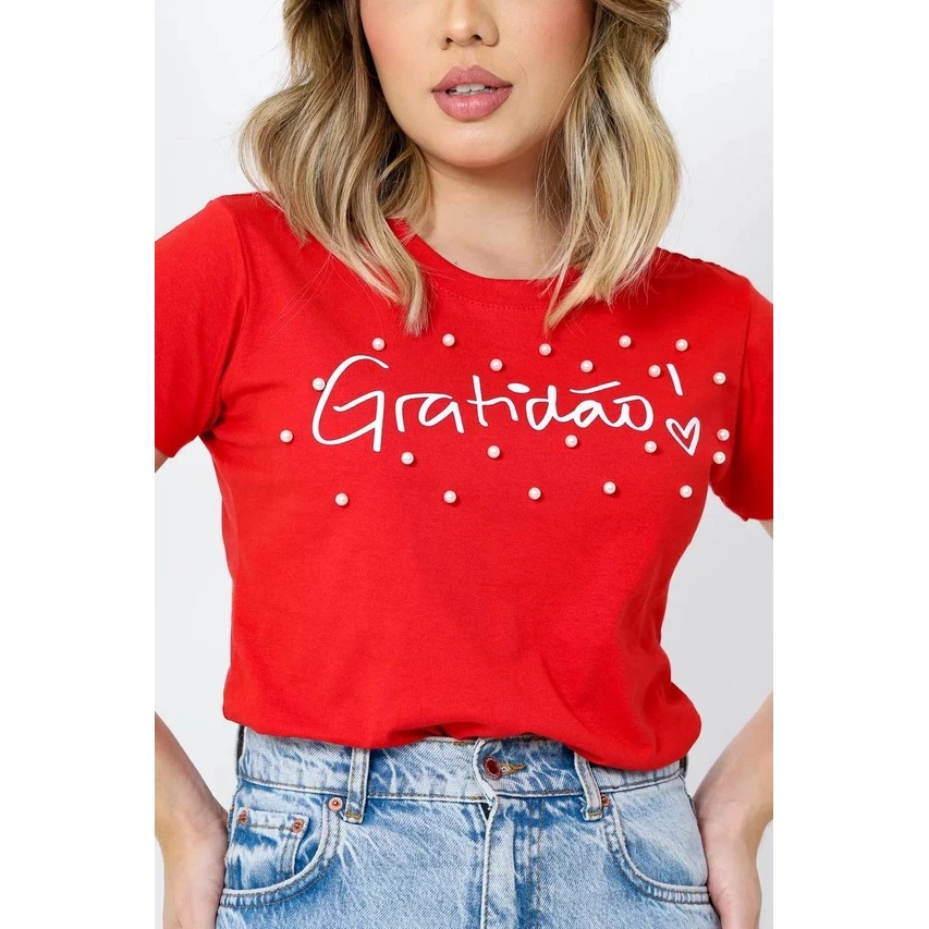 T-Shirt Feminina de Algodão Vermelha Gratidão Coração Vazado | Conforto e Estilo Casual - Imagem 3