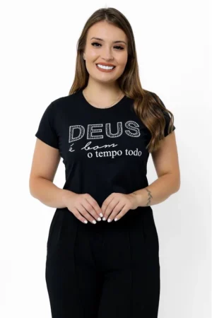 T-Shirt Feminina Preta de Algodão Deus é Bom o Tempo Todo | Conforto e Estilo Casual