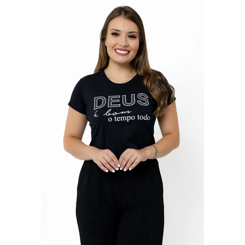 T-Shirt Feminina Preta de Algodão Deus é Bom o Tempo Todo | Conforto e Estilo Casual