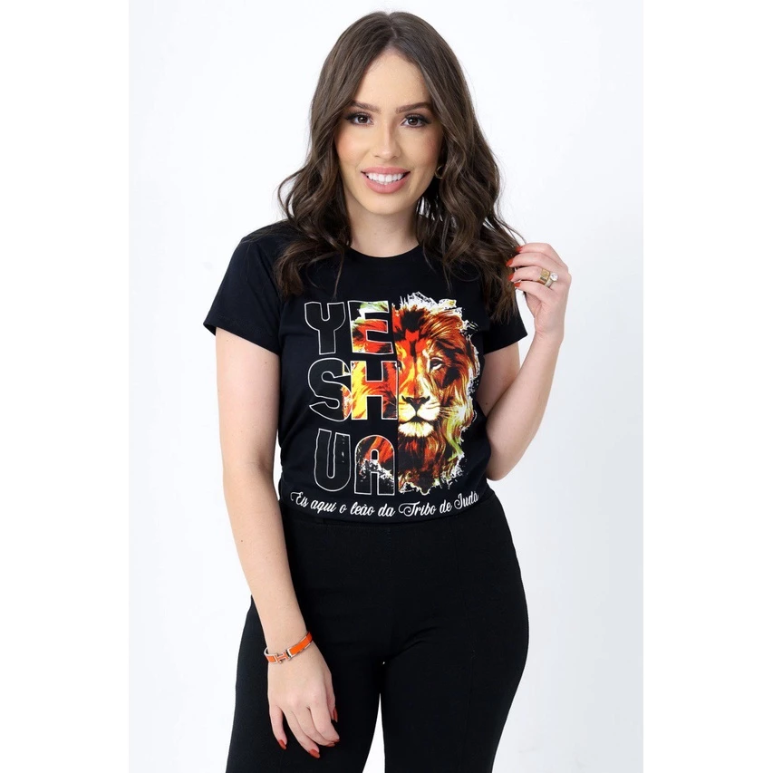 T-Shirt Feminina de Algodão Preta Leão Yeshua | Conforto e Estilo Casual
