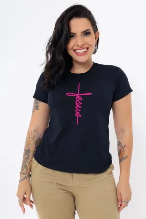 T-Shirt Feminina Preta de Algodão Jesus Manuscrito Letra Pink | Conforto e Estilo Casual
