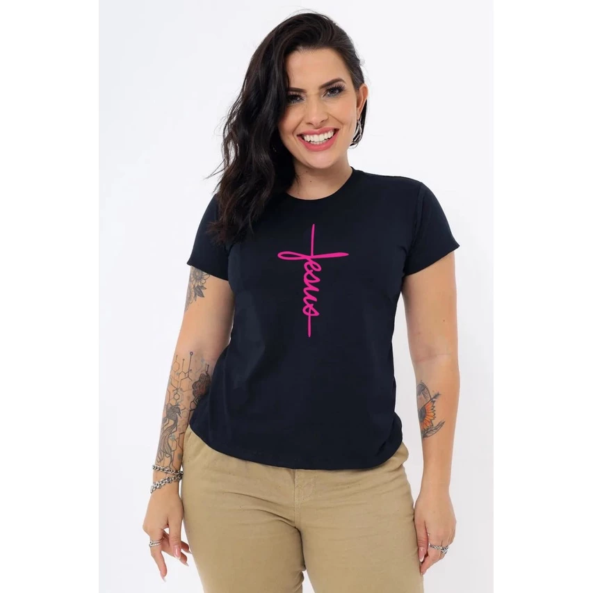 T-Shirt Feminina Preta de Algodão Jesus Manuscrito Letra Pink | Conforto e Estilo Casual