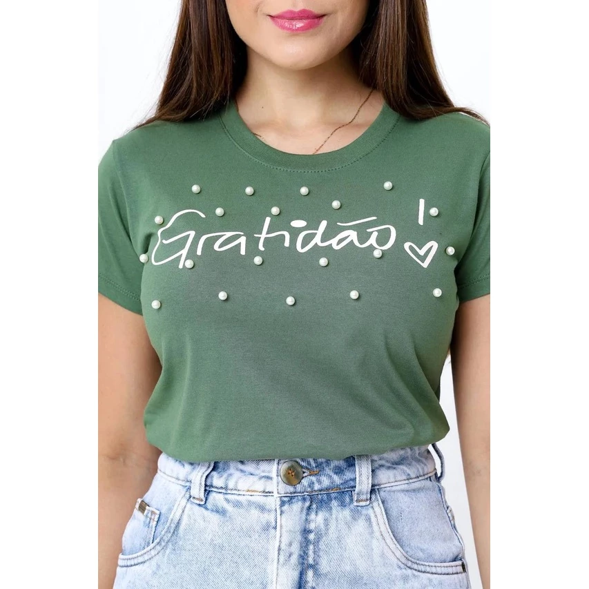 T-Shirt Feminina Verde Militar de Algodão Gratidão Coração Vazado | Conforto e Estilo Casual - Imagem 3
