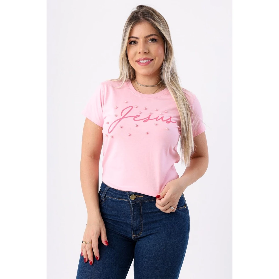 T-Shirt Feminina de Algodão Rosa Bebê com Pérolas | Estilo e Conforto Casual
