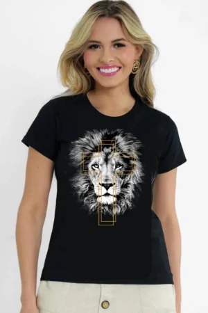 T-Shirt Feminina de Algodão Preta Leão Cruz Dourada