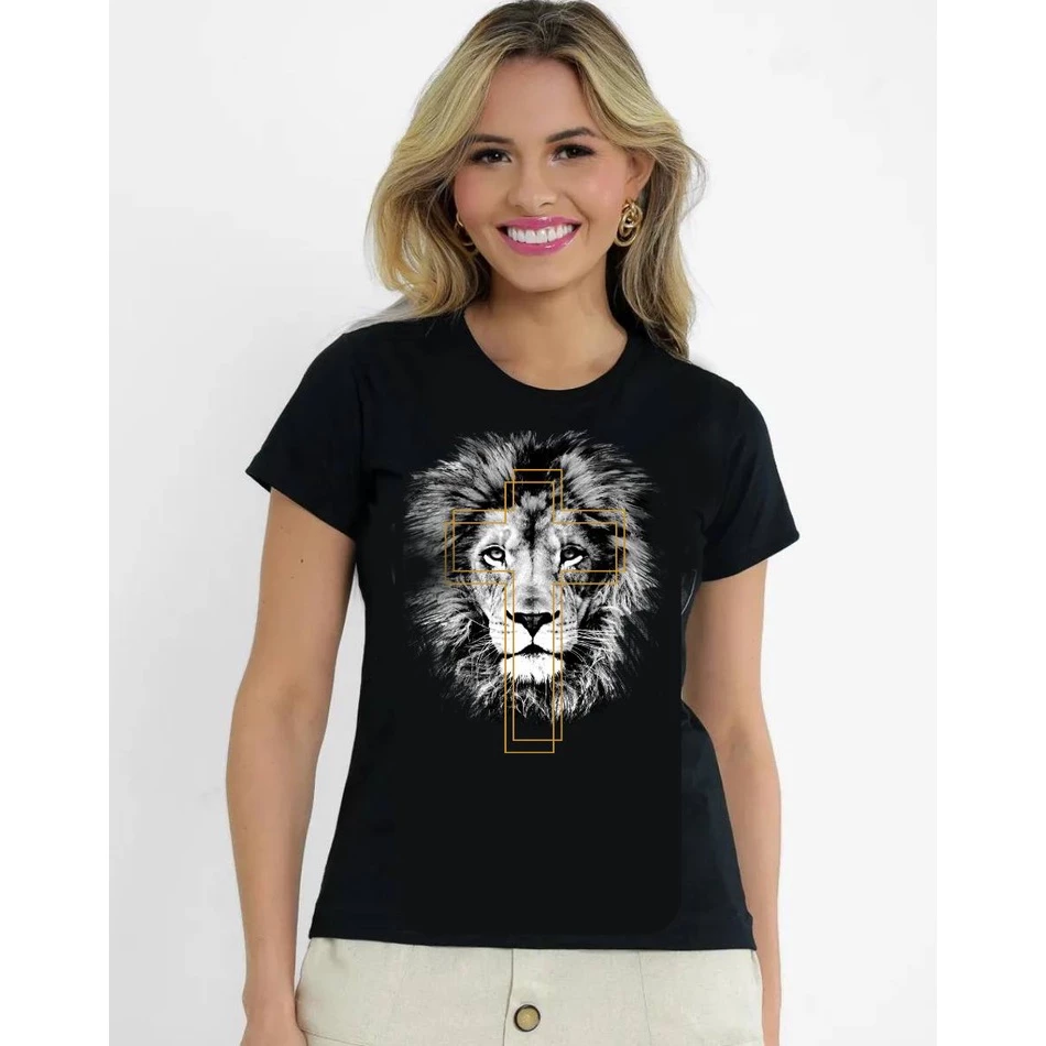 T-Shirt Feminina de Algodão Preta Leão Cruz Dourada