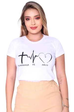 T-shirt Feminina de Algodão Batimentos Esperança Fé e Amor Branca | Conforto e Estilo Casual