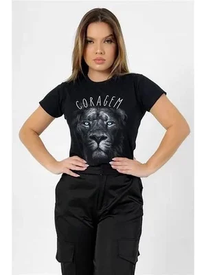 T-Shirt Feminina de Algodão Preta Leão Coragem | Conforto e Estilo Casual