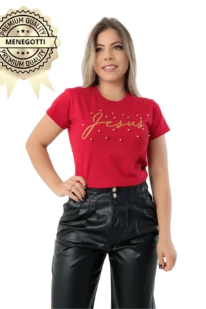 T-shirt Feminina Premium Menegotti Jesus com Pérolas Vermelha | Algodão Confortável