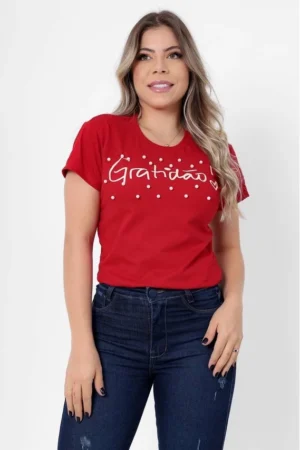 T-Shirt Feminina de Algodão Vermelha Gratidão Coração Vazado | Conforto e Estilo Casual