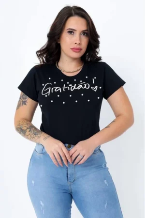 T-Shirt Feminina de Algodão Preta Gratidão Com Pérolas | Conforto e Estilo Casual