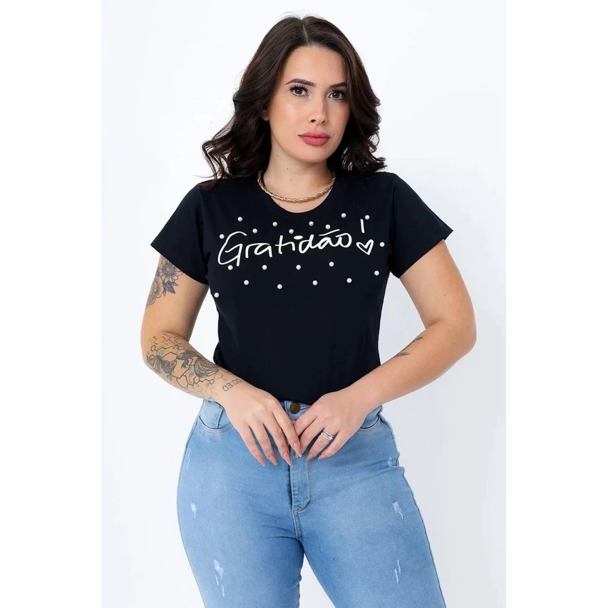 T-Shirt Feminina de Algodão Preta Gratidão Com Pérolas | Conforto e Estilo Casual