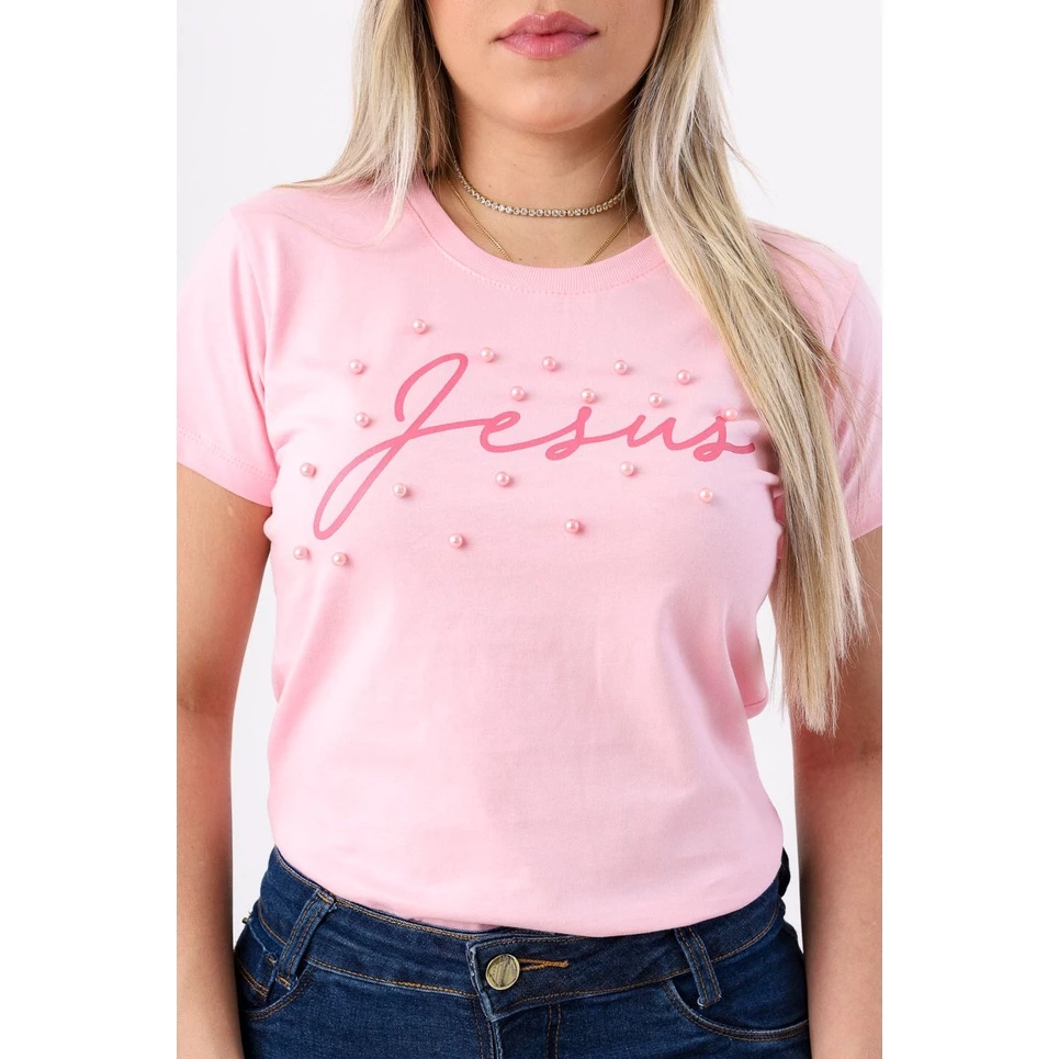 T-Shirt Feminina de Algodão Rosa Bebê com Pérolas | Estilo e Conforto Casual - Imagem 2