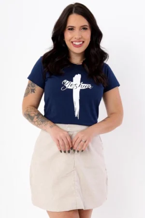 T-Shirt Feminina de Algodão Azul Marinho Cruz Yeshua | Conforto e Estilo Casual