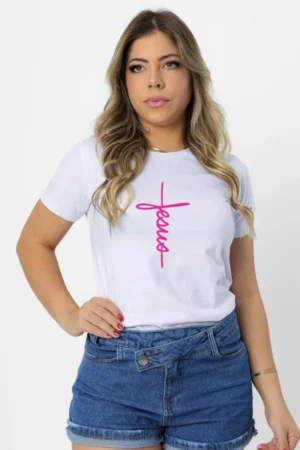 T-Shirt Feminina de Algodão Branca Jesus Manuscrito Rosa Neon | Estilo Casual e Conforto