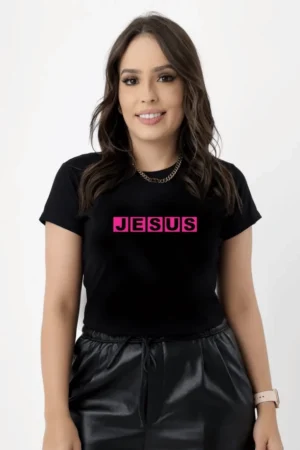 T-Shirt Feminina Preta de Algodão Jesus Quadros em Rosa | Estilo Moderno e Conforto