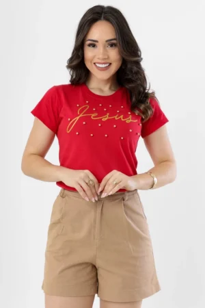 T-shirt Feminina de Algodão Jesus com Pérolas DS Vermelha | Estilo e Conforto