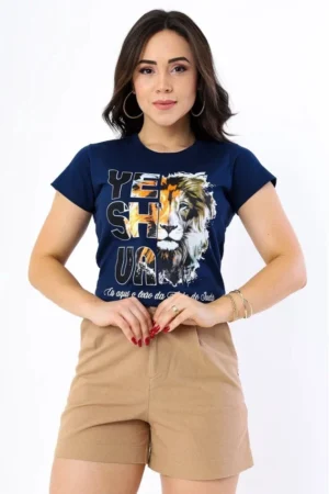 T-SHIRT Feminina Azul Marinho de Algodão com Estampa Leão Yeshua