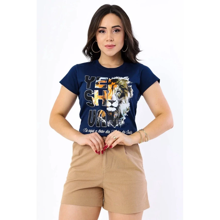 T-SHIRT Feminina Azul Marinho de Algodão com Estampa Leão Yeshua
