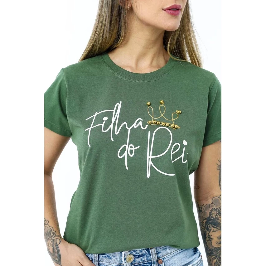 T-Shirt Feminina de Algodão Verde Militar Filha do Rei - Imagem 2