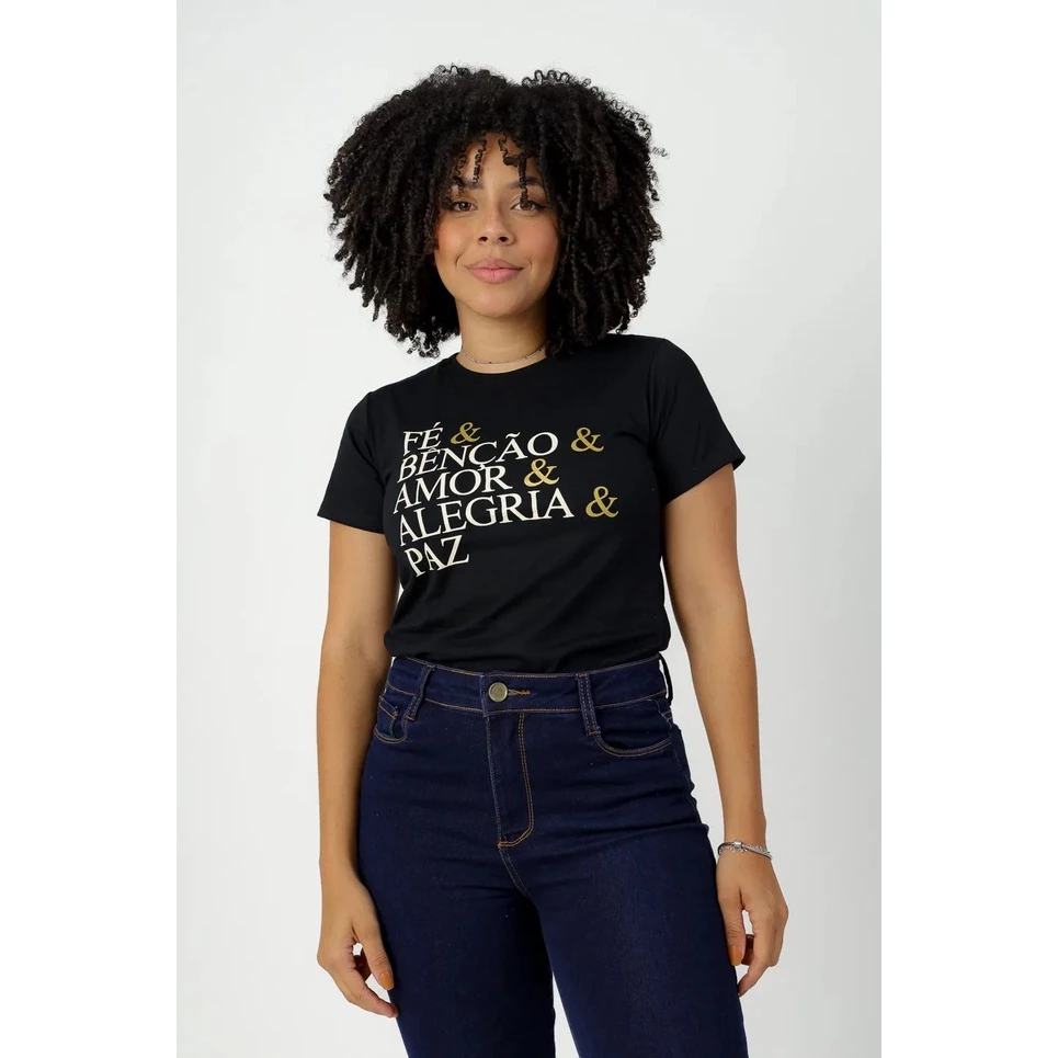T-Shirt Feminina Preta de Algodão com Estampa Fé, Benção, Amor, Alegria e Paz