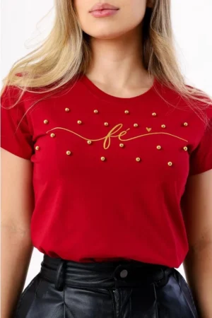 T-Shirt Feminina de Algodão Vermelho Rubi Fé Coração com Pérolas | Estilo e Conforto