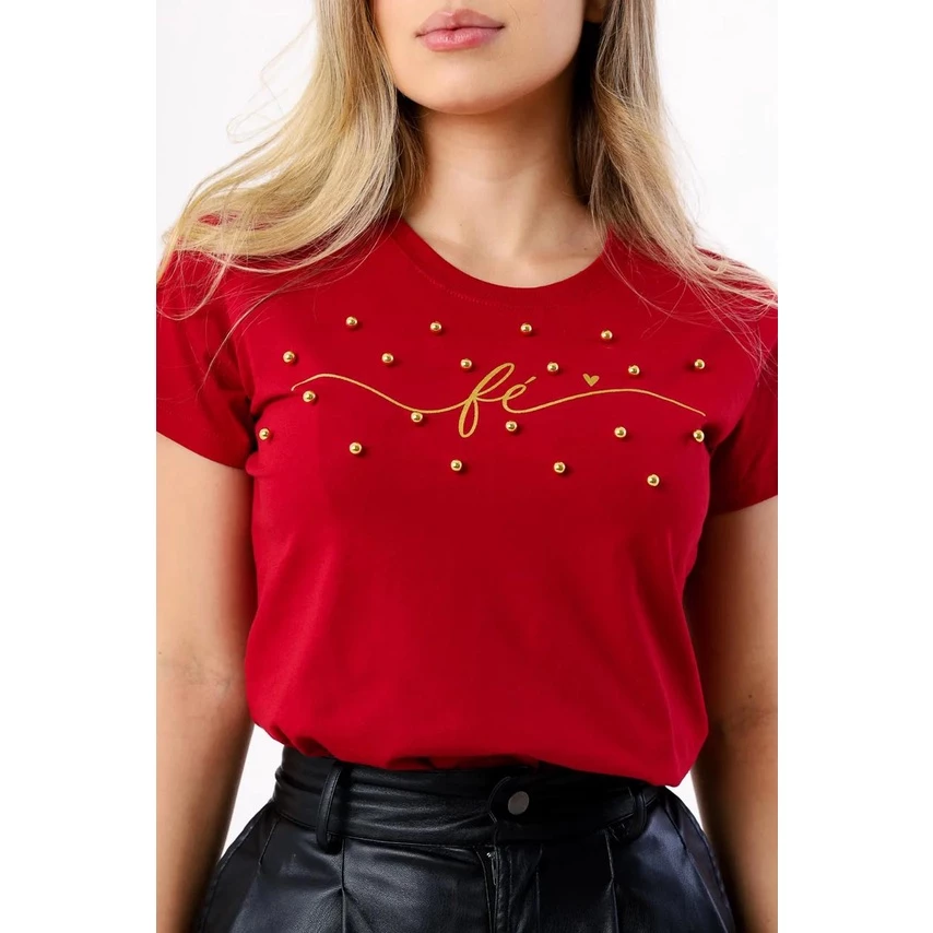 T-Shirt Feminina de Algodão Vermelho Rubi Fé Coração com Pérolas | Estilo e Conforto