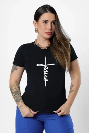 T-Shirt Feminina de Algodão Preta Jesus Manuscrito | Conforto e Estilo