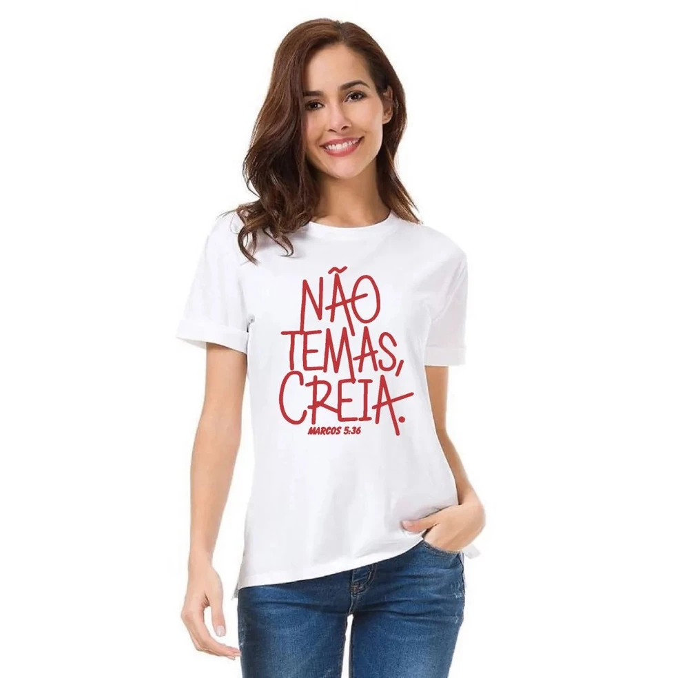 T-Shirt Feminina de Algodão Branca Não Temas Creia | Conforto e Estilo Casual