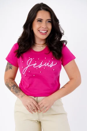 T-Shirt Feminina de Algodão Rosa Pink Jesus com Pérolas | Conforto e Estilo Casual